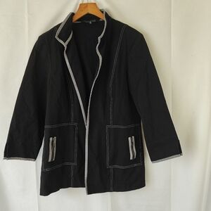MING WANG Black Gingham Contrast Trim & Stitch Zip Pockets Blazer Jacket Sz M